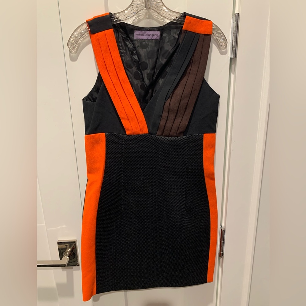 Emanuel Ungaro Bright Orange Black Brown Mini Dress - Size 8